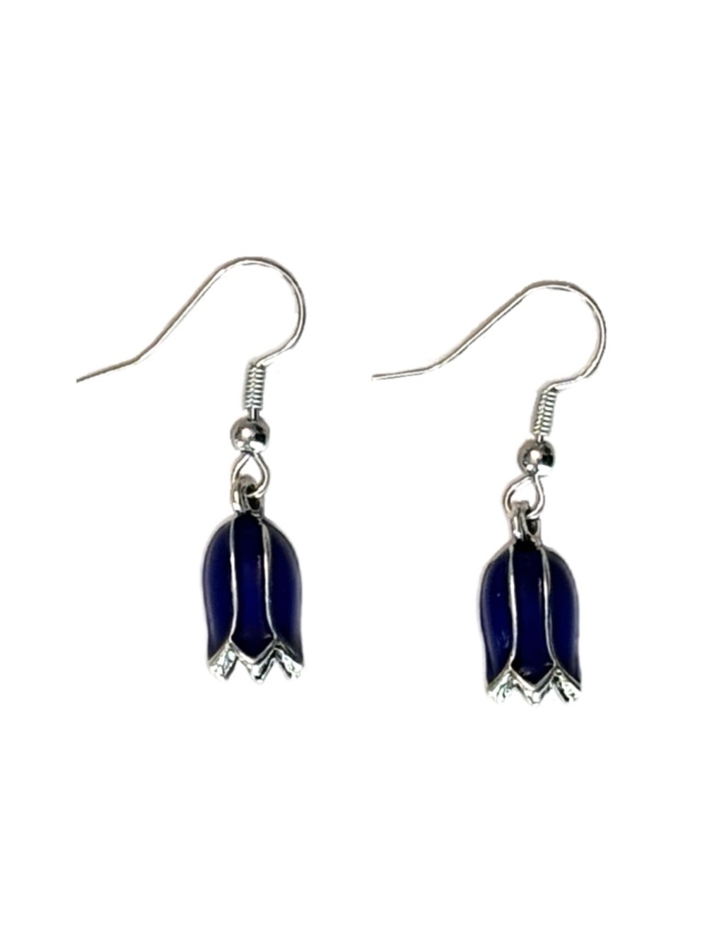 Navy Tulip Drop Earrings with Silver Accents - Women Jewelry